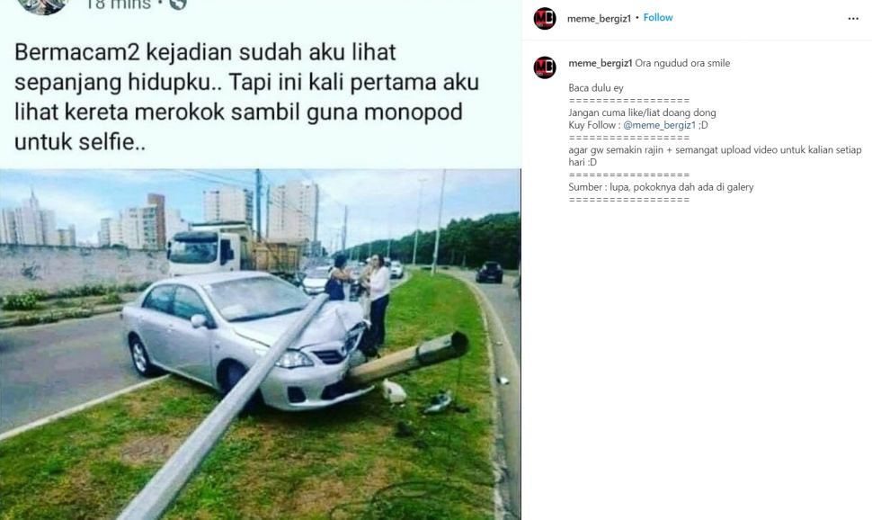 Viral potret mobil kecelakaan yang bikin salah fokus. (Instagram)