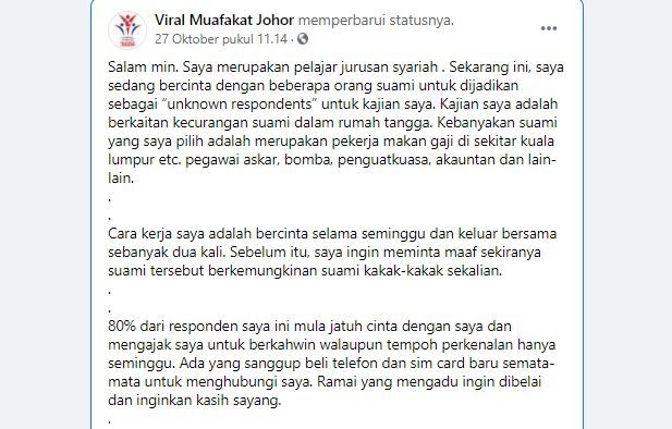 Wanita Jadi Pelakor untuk Penelitian soal Selingkuh (facebook.com/Viral Mufakat Johor)
