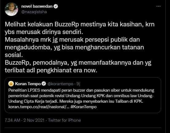 Novel Baswedan berpendapat soal kelakuan buzzer. (Twitter/@nazaqistsha)