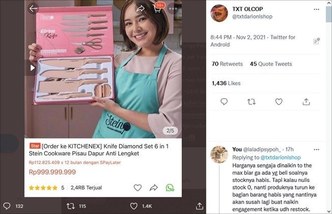 Viral Pisau Dijual Nyaris Rp1 Miliar. (Twitter/@txtdarionlshop)