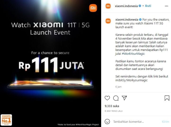 Peluncuran Xiaomi 11T 5G. [Instagram/@xiaomi.indonesia]