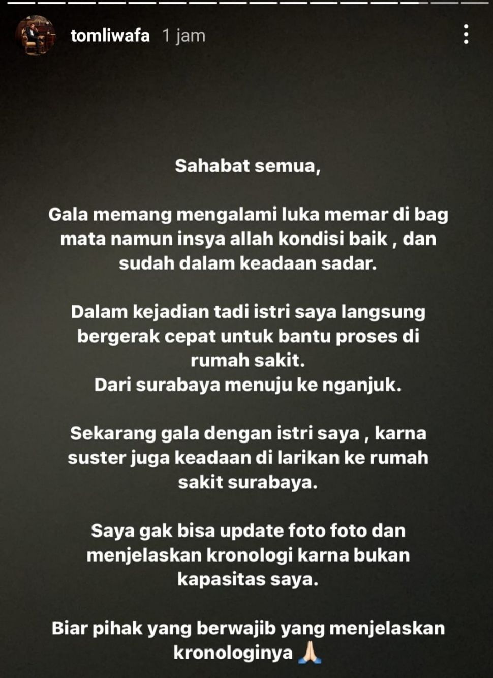 Salah seorang kerabat Vanessa Angel dan Bibi Ardiansyah, @tomliwafa mengabarkan kondisi putra Vanessa-Bibi, Gala Sky Ardiansyah usai mengalami kecelakaan di Tol Nganjuk, Jawa Timur, Kamis (4/11/2021). [Insagram @tomliwafa]