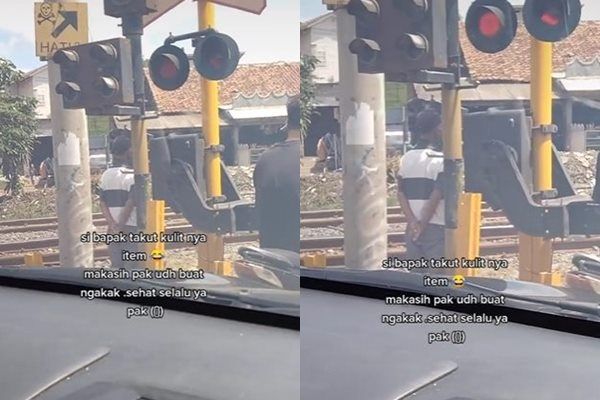 Viral Bapak Tua Tinggal Motor di depan Plang Kereta Api. (TikTok)