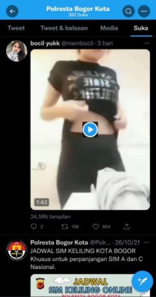 Viral Akun Twitter Polresta Bogor Kota Like Video Porno. (Twitter/@tubirfess)