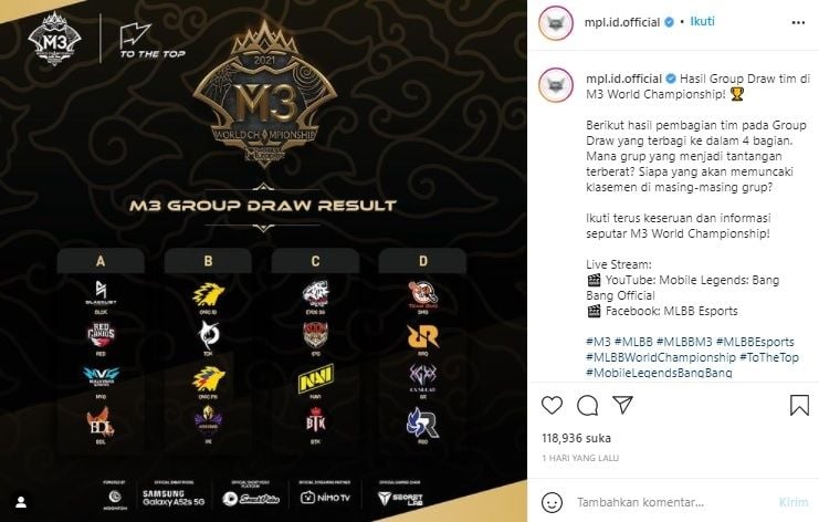 Drawing Group Turnamen M3 Mobile Legends 2021. [Instagram/@mpl.id.official]