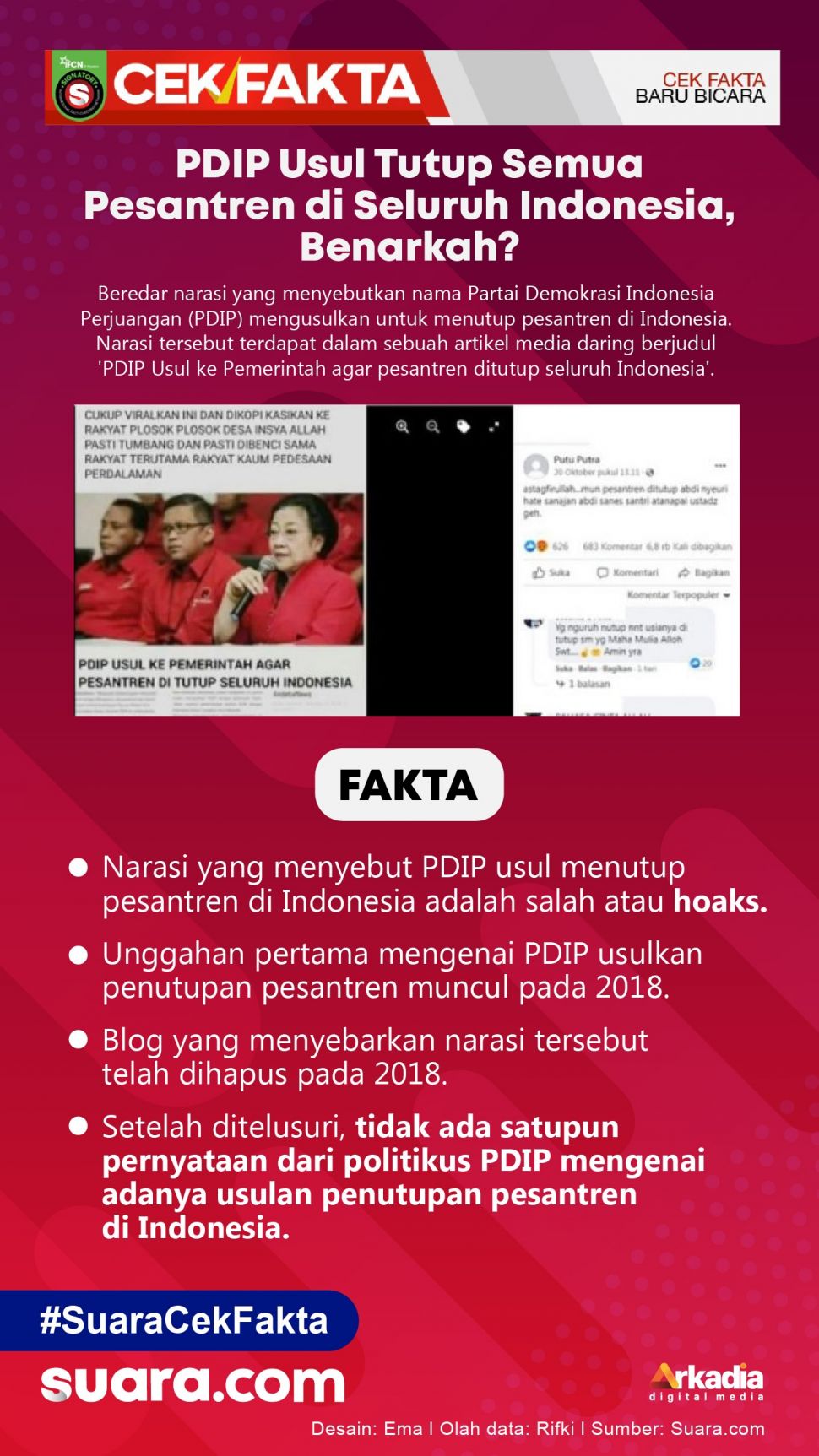 Beredar narasi yang menyebutkan nama Partai Demokrasi Indonesia Perjuangan (PDIP) mengusulkan untuk menutup pesantren di Indonesia.