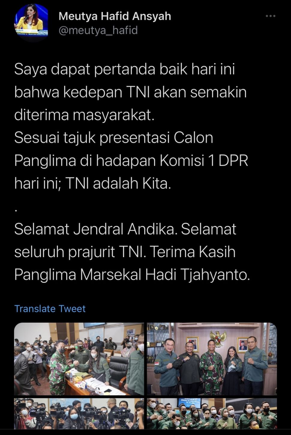 Tangkapan layar unggahan foto Ketua Komisi I DPR Meutya Hafid pakai outfit army saat fit and proper test calon panglima TNI. (Twtiter)