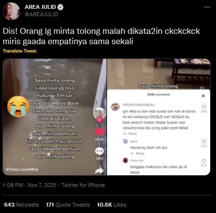 Viral Korban Banjir Minta Bantuan Evakuasi di TikTok Malah Dinyinyiri. (TikTok)