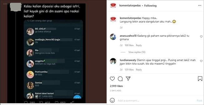 Istri buka isi DM Twitter suami, temukan banyak chat menyakitkan hati. (Instagram/@komentatorpedas)