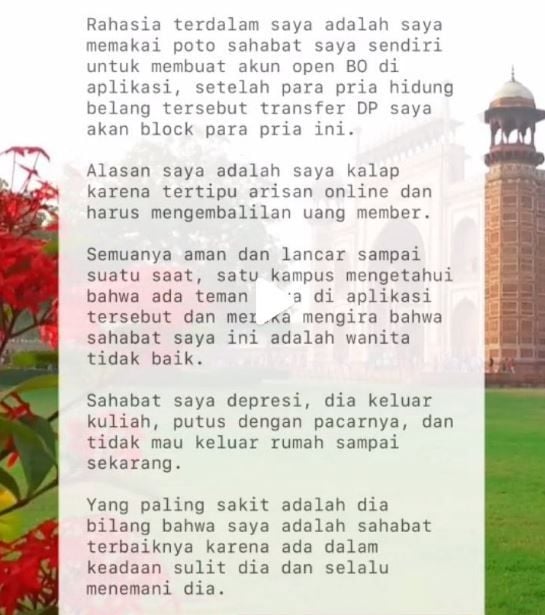 Cewek curhat pakai foto sahabatnya diam-diam untuk bikin akun open BO. (Twitter/AREAJULID)