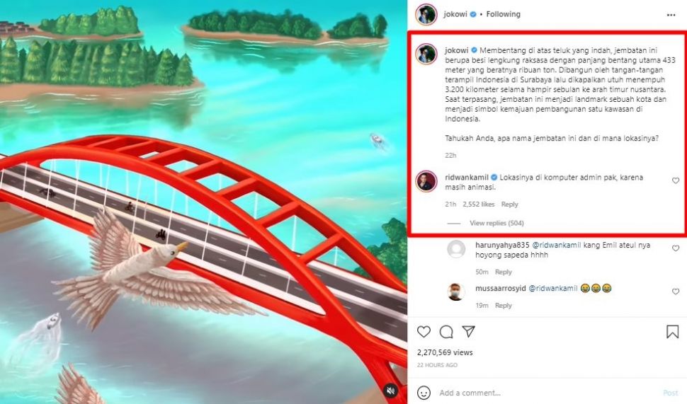 Jokowi Tanya Dimana Lokasi Jembatan Ini, Komentar Menohok Ridwan Kamil Bikin Ngakak. (Instagram/@jokowi)