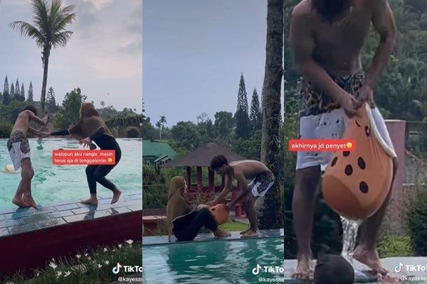 Viral Cewek Nangis Histeris di Pinggir Kolam Renang Gegara Boba. (TikTok)