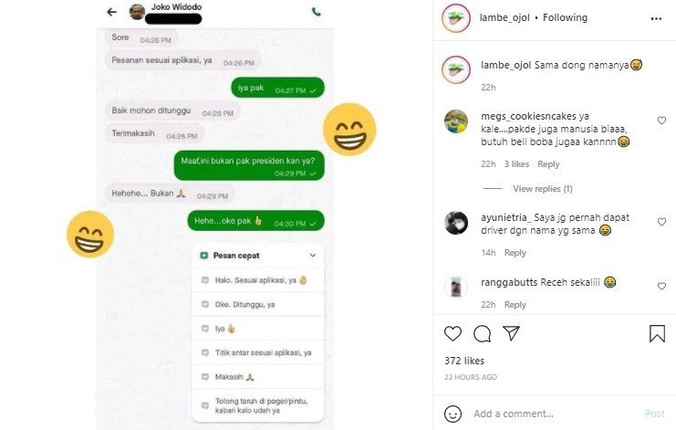 Viral Pelanggan Syok Dapat Driver Ojol Joko Widodo. (Instagram/@lambe_ojol)