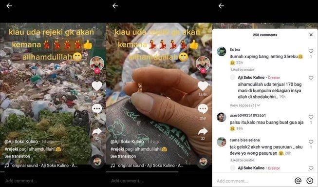 Viral pria temukan perhiasan di tumpukan sampah. (TikTok/@ajisoko020)