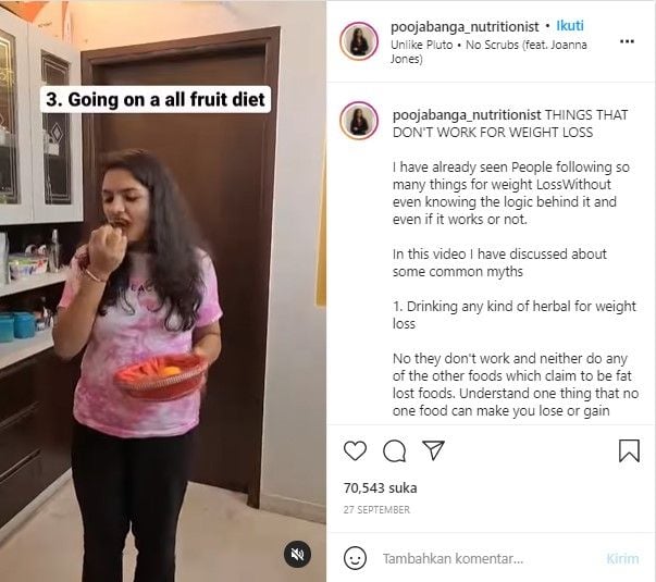 Unggahan Pooja Banga tentang diet (Instagram)