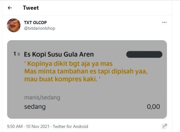 Beli kopi untuk dapat es batu (Twitter @txtdarionlshop)