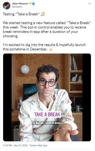 Kepala Instagram Adam Mosseri memperkenalkan uji coba fitur baru Instagram, Take a Break atau Istirahat. [Twitter]