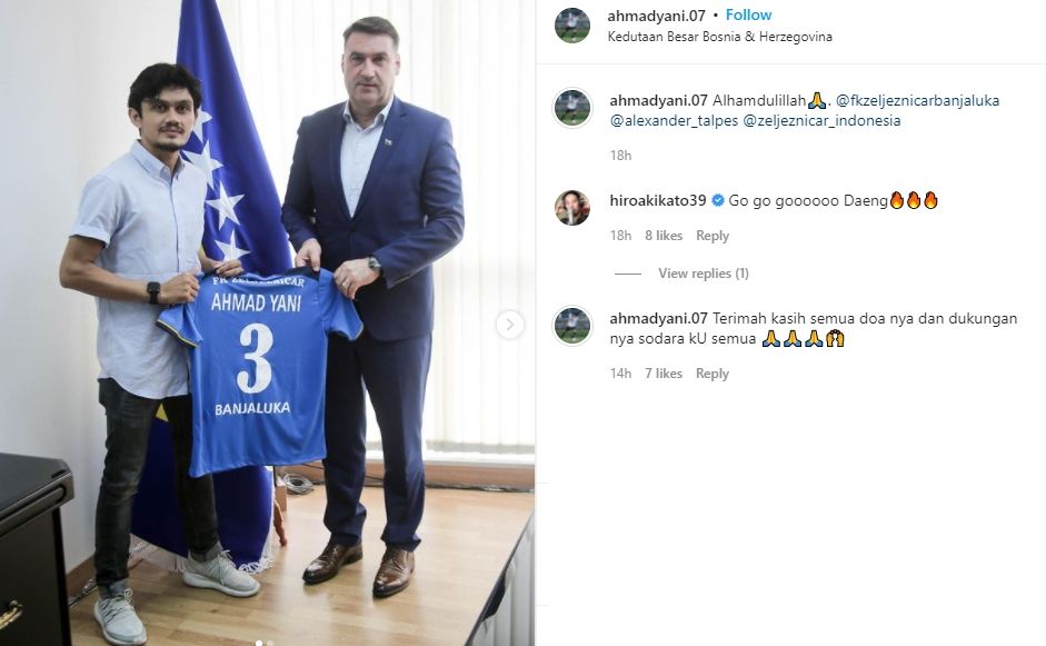 Ahmad Yani berpose saat direkrut klub Bosnia-Herzegovina, FK Zeljeznicar Banja Luka. (Instagram/ahmadyani.07)