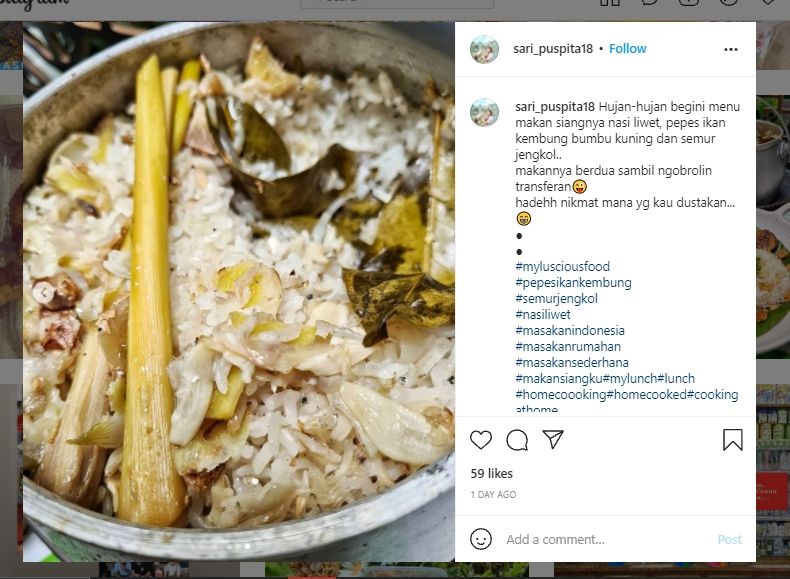 Nasi liwet, kuliner khas Sunda yang populer. (Instagram/@sari_puspita18)