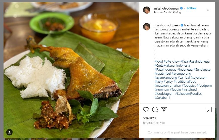 Nasi timbel khas Sunda. (Instagram/@misshotrodqueen)