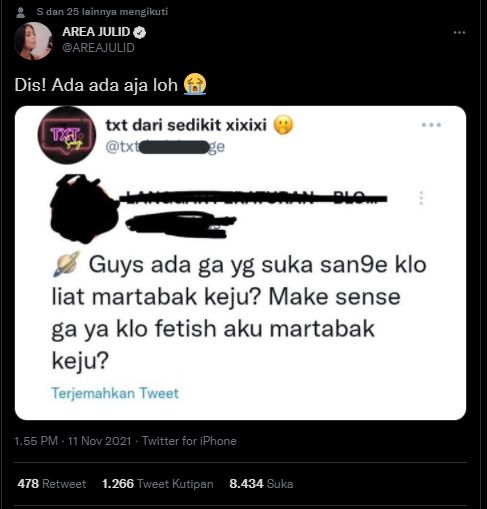 Blak-blakan Ngaku Fetish Martabak Keju, Pengakuan Warganet Ini Bikin Publik Heran. (Twitter/AREAJULID