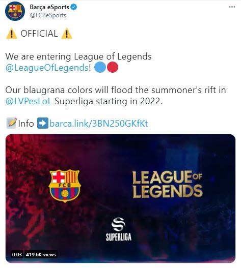 Barcelona siap masuki kompetisi eSports League of Legends. (Twitter)