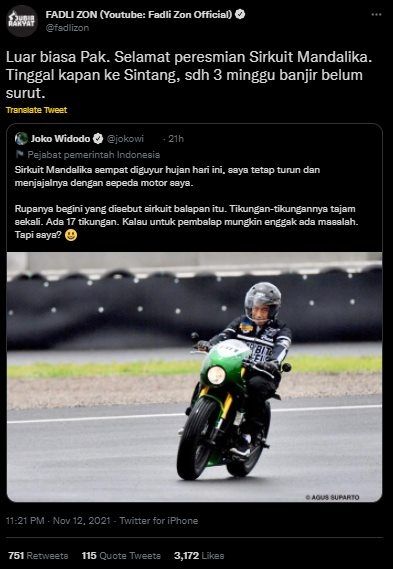 Fadli Zon Sindir Menohok Jokowi Saat Motoran di Sirkuit Mandalika. (Twitter/@fadlizon)