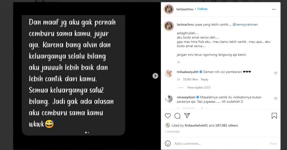 Unggahan Larissa Chou soal SMS Henny Rahman [Instagram]