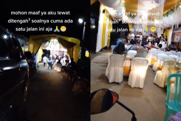 Viral Pemotor Terabas Tenda Saat Acara Hajatan Tanpa Turun. (TikTok)