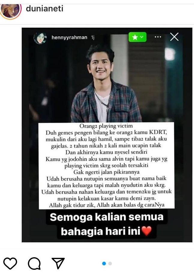 Unggahan soal Henny Rahman [Instagram/@dunianeti]