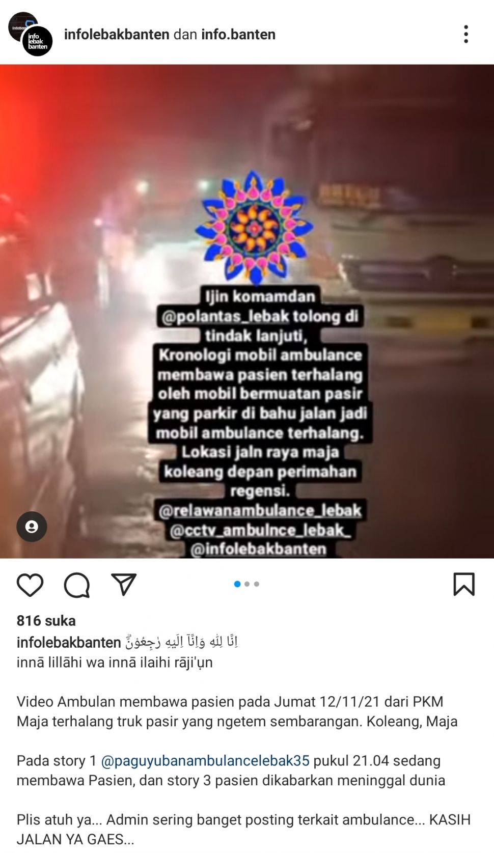 Tangkapan layar video ambulans terhalang truk di Jalan Raya Maja-Koleang, Lebak, Banten. [Instagram @infolebakbanten]