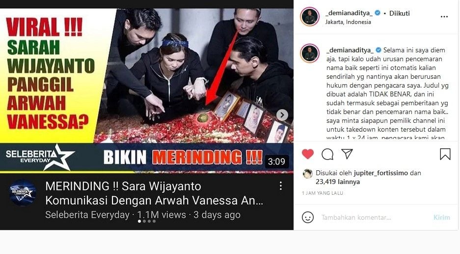 Demian Aditya dibuat marah oleh beberapa akun YouTube yang membuat video seolah-olah ia dan istri, Sara Wijayanto membuat video bicara dengan arwah Vanessa Angel. [Instagram]