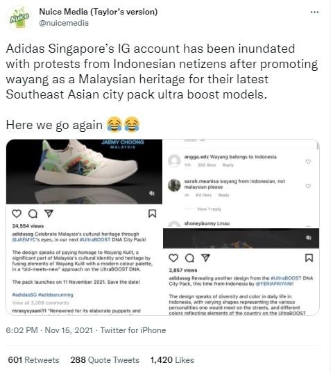Postingan soal penyebutan Addidas soal wayang kulit berasal dari malaysia. [Twitter]