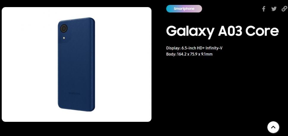 Samsung Galaxy A03 Core sudah muncul di laman resmi perusahaan. (Samsung)