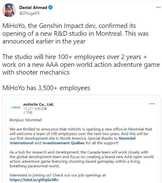 MiHoYo siap merekrut banyak karyawan baru. (Twitter)