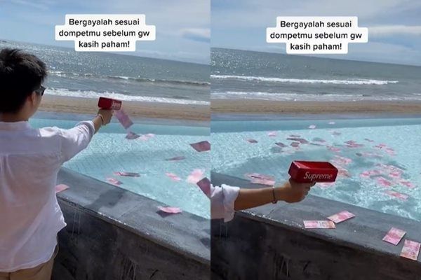 Viral Cowok Sebar Uang Jutaan di Kolam Renang. (TikTok)