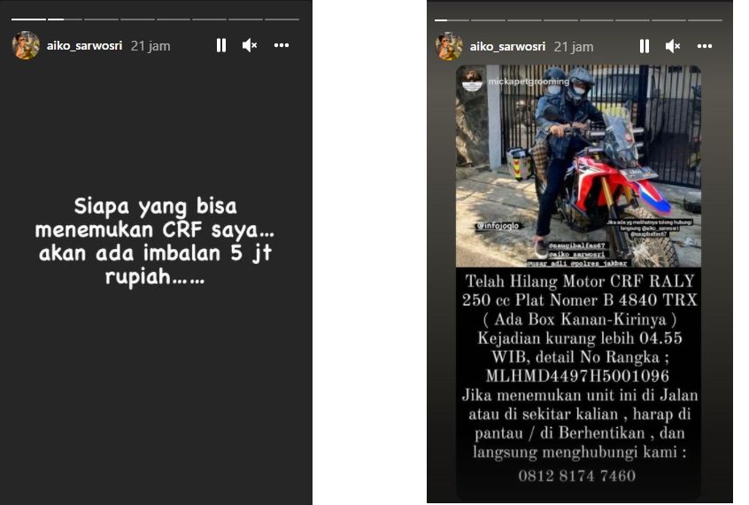 Motor suami Chef Aiko yang hilang digondol maling (Instagram)