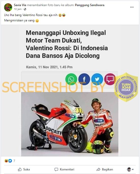 CEK FAKTA Benarkah Valentino Rossi Beri Sindiran Menohok Kasus Unboxing Ilegal Ducati. (Turnbackhoax.id)