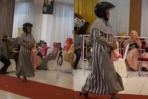 Viral Detik-detik Ibu Tak Sadar Kondangan Pakai Helm. (TikTok)