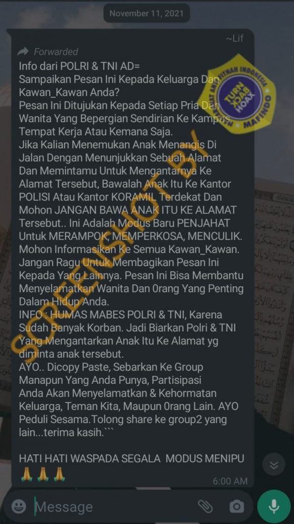 CEK FAKTA Porli Peringatkan Modus Pemerkosaan 'Anak Menangis di Jalan'. (Turnbackhoax.id)