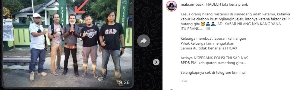 pria Sumedang yang diberitakan hilang misterius kini dikabarkan sudah ketemu. [makcomback / Instagram]