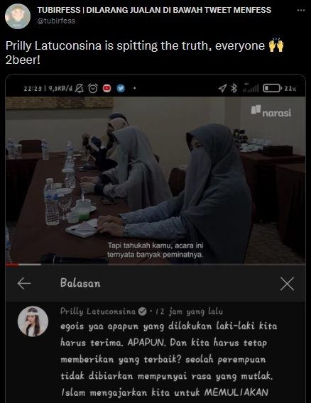 Prilly Latuconsina Kritik Video Mentoring Poligami Oleh Kiai Beranak 20. (Twitter/@tubirfess)