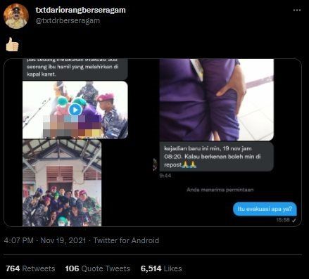 Viral Ibu Hamil Melahirkan Saat Banjir di Perahu Karet TNI AL. (Twitter/@txtdariorangberseragam)