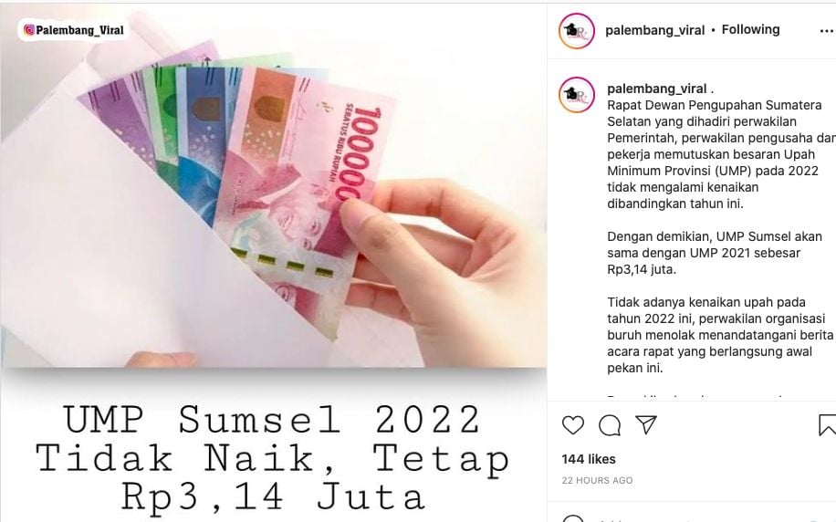 Informasi UMP Sumsel 2022 tidak naik [instagram]