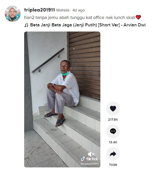 Video viral menampilkan seorang ayah yang selalu setia menunggu di depan kantor putrinya demi untuk makan bersama. (Dok. TikTok/@triplea201911)