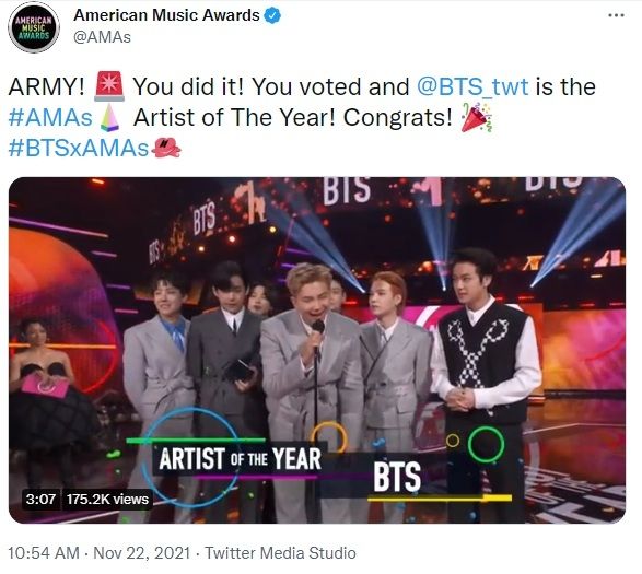 Unggahan soal BTS [Twitter/@AMAs]