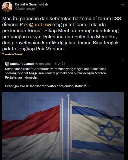 Cuitan Jubir Soal Prabowo Berbincang dengan Wakil Israel. (Twitter/@Dahnilanzar)