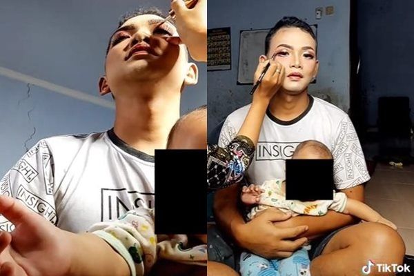 Suami Pasrah Lagi Gendong Anak Malah Dirias Istri. (TikTok)