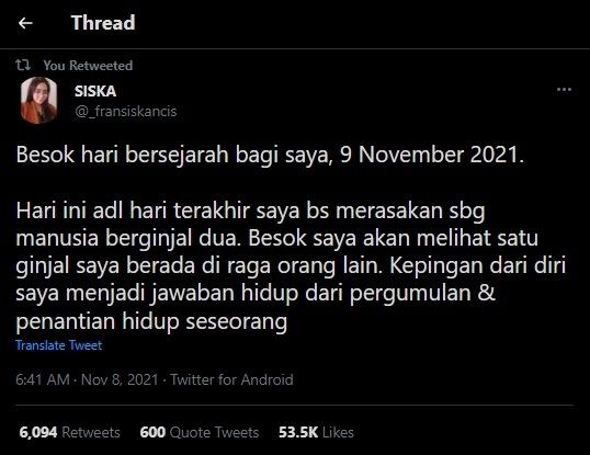 Cuitan Siska pendonor ginjal (Twitter)