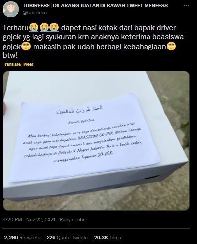 Viral Ojol Syukuran Bagi Nasi Kotak Gegara Nasib Anak. (Twitter/@tubirfess)